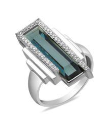 Silver ring with a rectangular blue-green gemstone surrounded by two rows of small diamonds on a silver band.