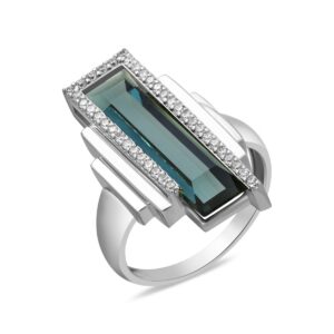 Silver ring with a rectangular blue-green gemstone surrounded by two rows of small diamonds on a silver band.
