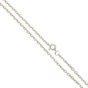Two silver chain necklaces with spring ring clasps laid diagonally on a white background