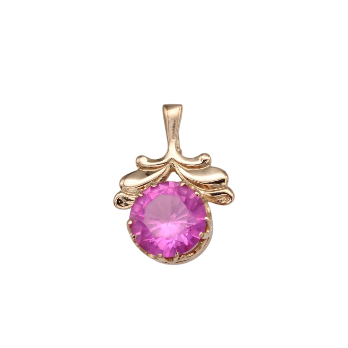 205c63e4c427ea182cd3bdabe0a02d1cjpg - Mezola OÜ Gold pendant with a pink, round-cut gemstone in a decorative floral setting and a hanging loop at the top.