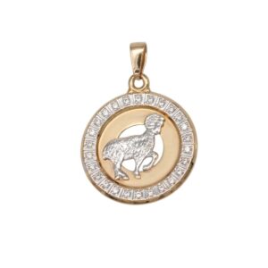 Two-tone round pendant with a silver ram in the center and a diamond-studded outer ring.