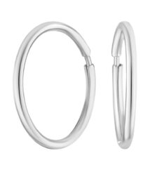 Polished silver hoop earrings with hinged clasps on a white background (side view).