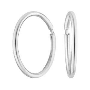 Polished silver hoop earrings with hinged clasps on a white background (side view).