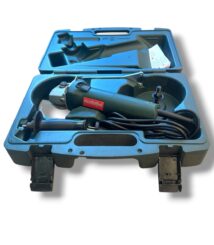 Metabo angle grinder stored in an open blue carrying case with power cord coiled beside it