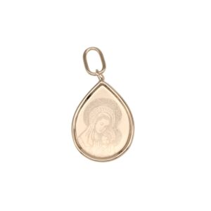Gold teardrop pendant with an embossed image of the Virgin Mary holding baby Jesus, hanging from a loop.