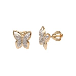 Gold butterfly stud earrings encrusted with small diamonds, delicate and sparkling