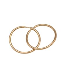 Two gold hoop earrings overlapping on a white background