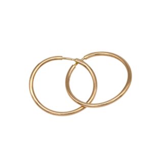 Two gold hoop earrings overlapping on a white background