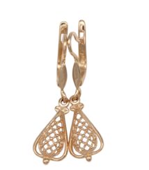 Pair of gold-tone drop earrings with open lattice teardrop filigree charms.