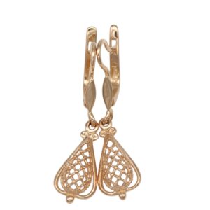 Pair of gold-tone drop earrings with open lattice teardrop filigree charms.