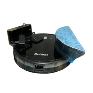 Round black robotic vacuum docked on its base with a blue mop pad attached on the side (brand: Schbot).