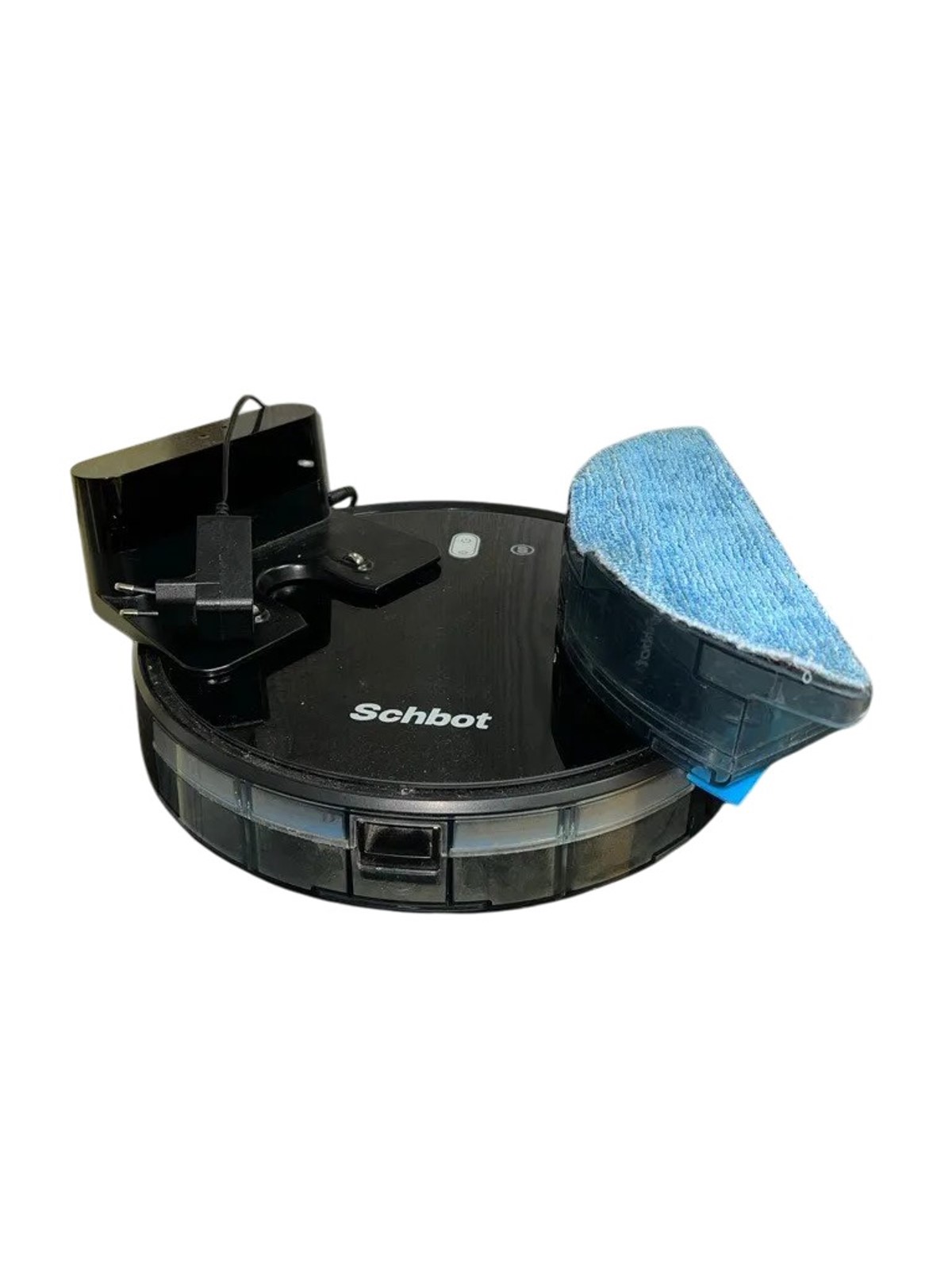 2afa45cfdb9d9d57d8863355ce4274d9jpg - Mezola OÜ Round black robotic vacuum docked on its base with a blue mop pad attached on the side (brand: Schbot).