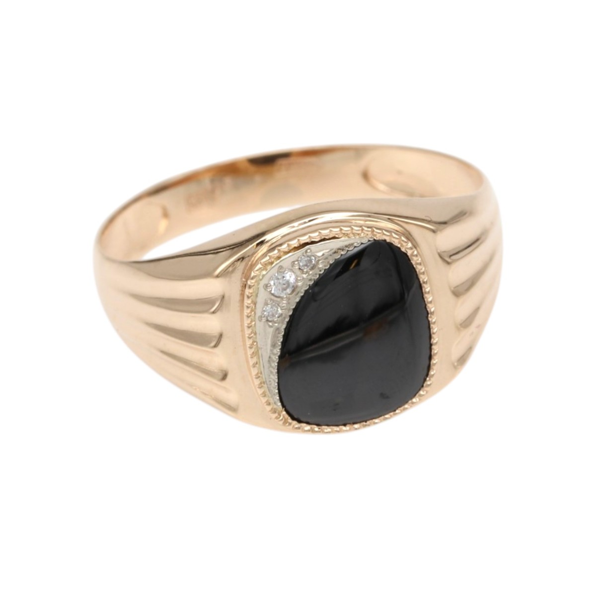 2c43c6a8a879e055a8ed3efc8182a6c0jpg - Mezola OÜ Gold signet-style ring with a large black cabochon stone and small diamonds along the bezel