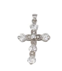 Cross-shaped pendant necklace with clear diamond-like stones set in silver metal