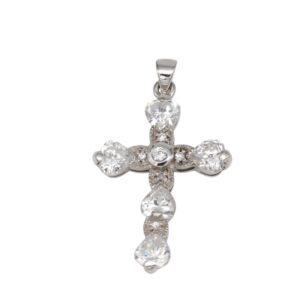 Cross-shaped pendant necklace with clear diamond-like stones set in silver metal