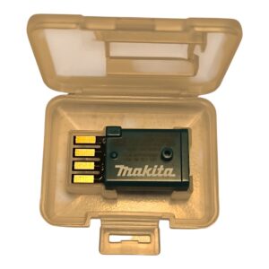 Blue Makita battery module with four gold contact pins inside a clear plastic case.