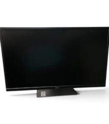 Dell computer monitor on a base with a blank black screen, turned off.