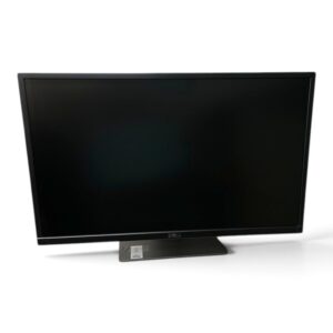 Dell computer monitor on a base with a blank black screen, turned off.