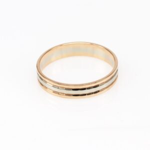 Two-tone ring with rose gold outer band and a central white gold stripe, rounded edges.