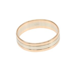 Two-tone band ring with rose gold edges and a white central inlay (informative product image)