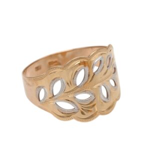 Gold-tone openwork ring with a leaf-like cutout design and textured edges.