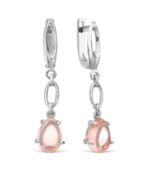 Silver drop earrings with pale pink teardrop gemstones on linked rings.