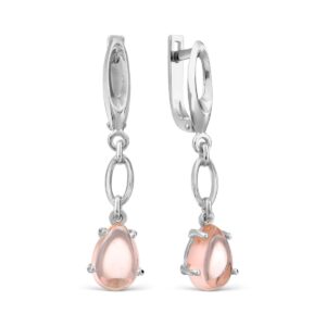 Silver drop earrings with pale pink teardrop gemstones on linked rings.