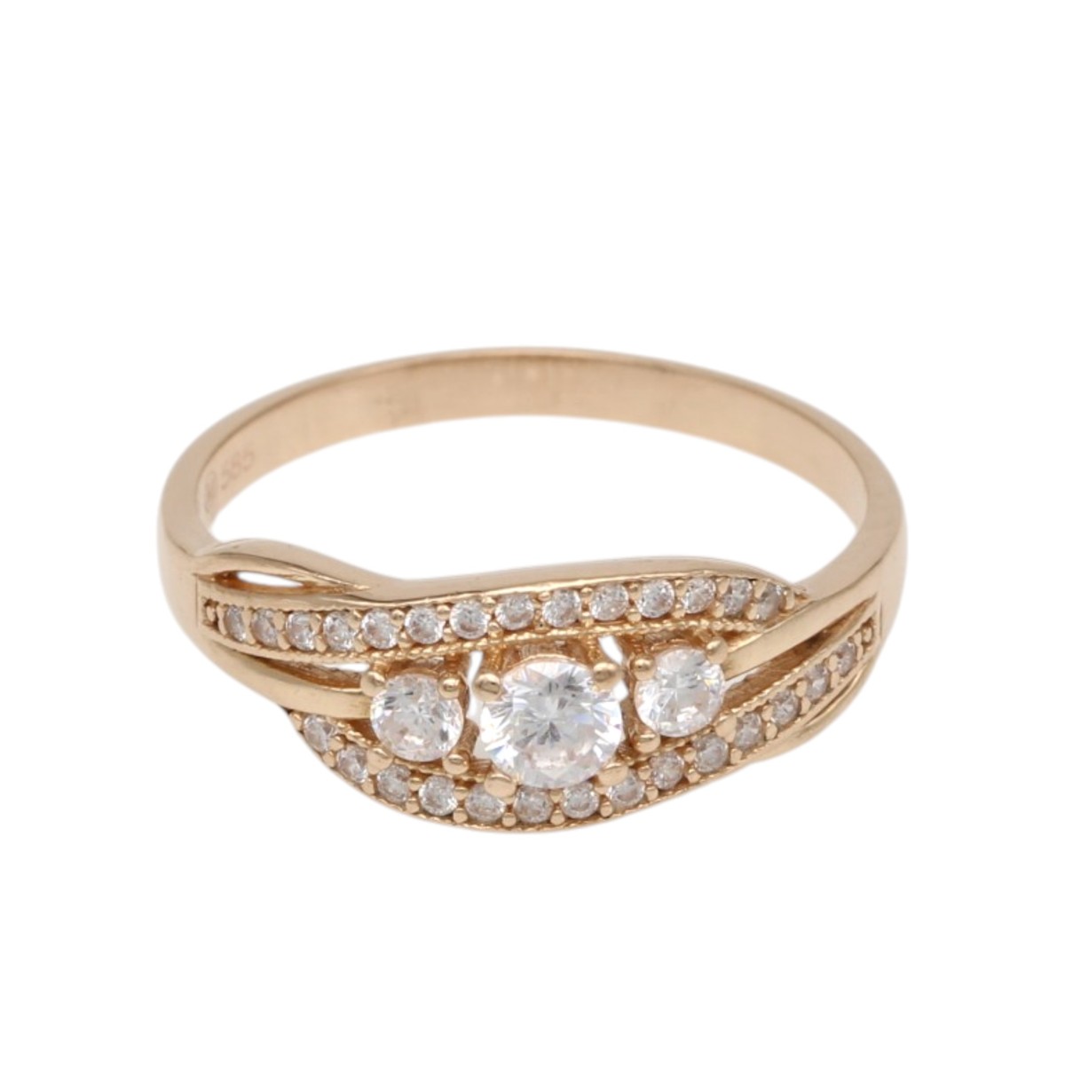 4a3f9e5db58183ab109d50c924decc2djpg - Mezola OÜ Gold ring with a central round diamond and pavé-set diamonds along the band, rose gold tone and curved design.