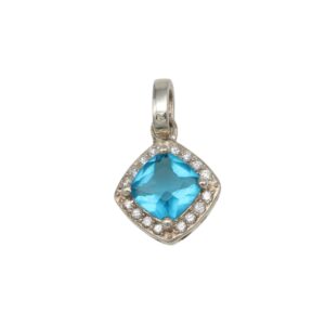 Pendant with a blue cushion-cut center gemstone surrounded by a halo of small clear stones on a metal setting with a bail