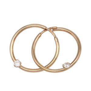 Two overlapping rose-gold hoop earrings, each with a small diamond at the bottom edge.