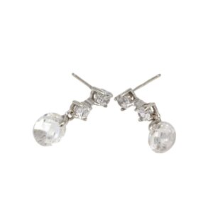 Silver drop earrings with clear faceted crystals and post backs, hangs in a curved design.