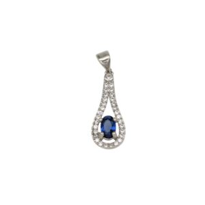 Teardrop-shaped pendant with a blue sapphire center surrounded by pavé diamonds in a white gold setting.