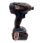 Cordless drill/driver with blue and black body and an 18V battery pack at the base on white background.