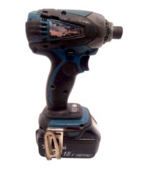 Cordless drill/driver with blue and black body and an 18V battery pack at the base on white background.