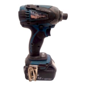 Cordless drill/driver with blue and black body and an 18V battery pack at the base on white background.