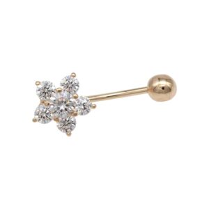 Gold barbell piercing jewelry ending in a five-diamond flower cluster.