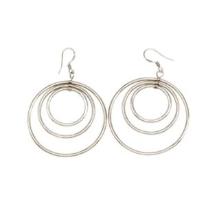 Silver-tone earrings featuring three concentric hoops in each pair, with hook backs for pierced ears