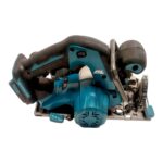 Cordless circular saw in teal and black with a side handle and metal base plate for cutting wood.