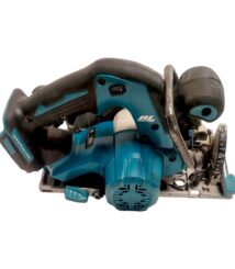 Cordless circular saw in teal and black with a side handle and metal base plate for cutting wood.