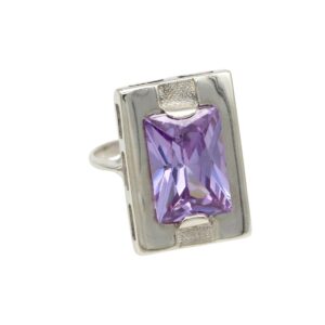 Sterling silver ring featuring a rectangular lavender amethyst gemstone set in a decorative bezel.