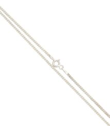 Silver chain necklace with a round spring-ring clasp pictured diagonally on a white background