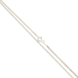 Silver chain necklace with a round spring-ring clasp pictured diagonally on a white background