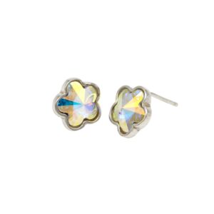 Silver flower-shaped stud earrings with iridescent crystal stones that shimmer rainbow hues behind a smooth metal outline.