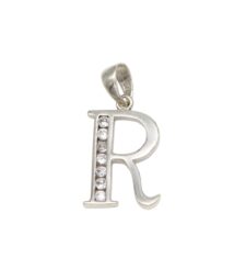 Silver pendant in the shape of the letter R with a vertical row of small crystals along the left stem