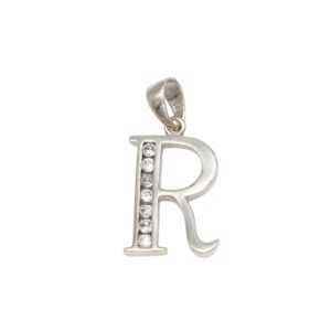 Silver pendant in the shape of the letter R with a vertical row of small crystals along the left stem