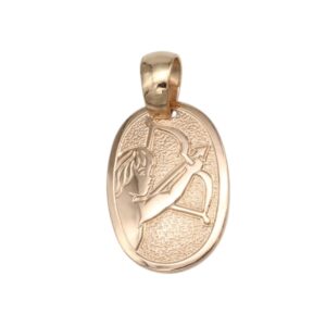 Gold oval pendant with a raised relief of a person in an athletic pose, on a textured background, with a loop bail for a chain.