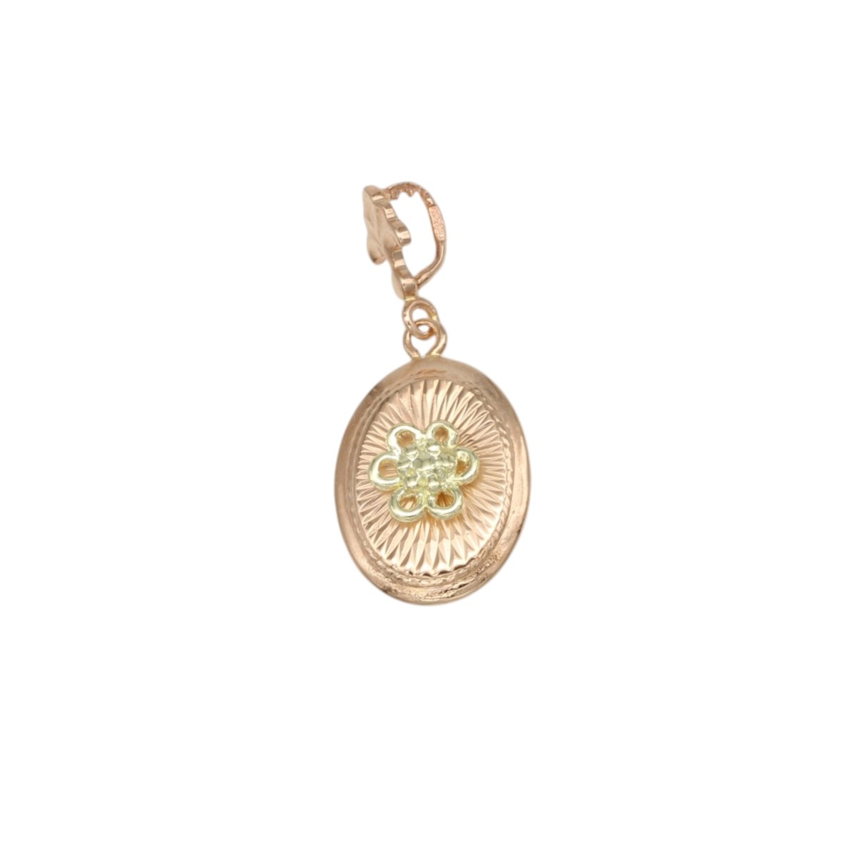 7626e2fc5df0fa15d1397510394432a0jpg - Mezola OÜ Gold-tone oval locket pendant with a decorative sunburst pattern and a pale flower motif at the center, on a small bail.