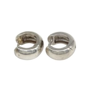 Pair of small silver hoop earrings with hinged clasps, lying side by side on a white background