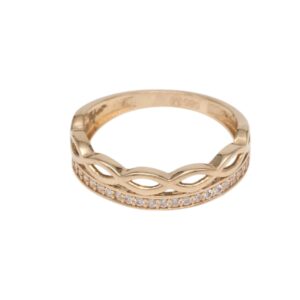 Gold ring with an infinity knot design and a row of small diamonds along the bottom edge.