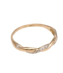 Rose gold twisted band ring set with small diamonds along the front.